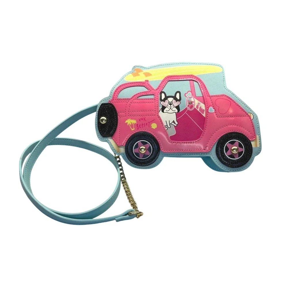 Betsey Johnson Crossbody Bag‎ Womens Small Blue Pink Frenchie Car Novelty Purse